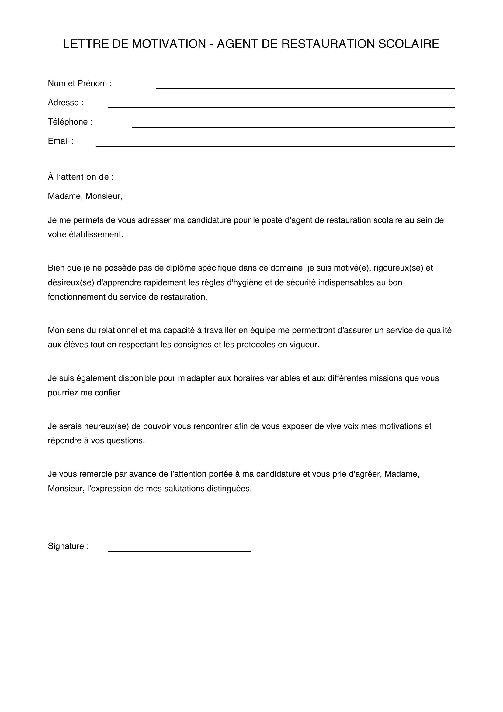 Lettre De Motivation Agent De Restauration Scolaire Sans Diplôme