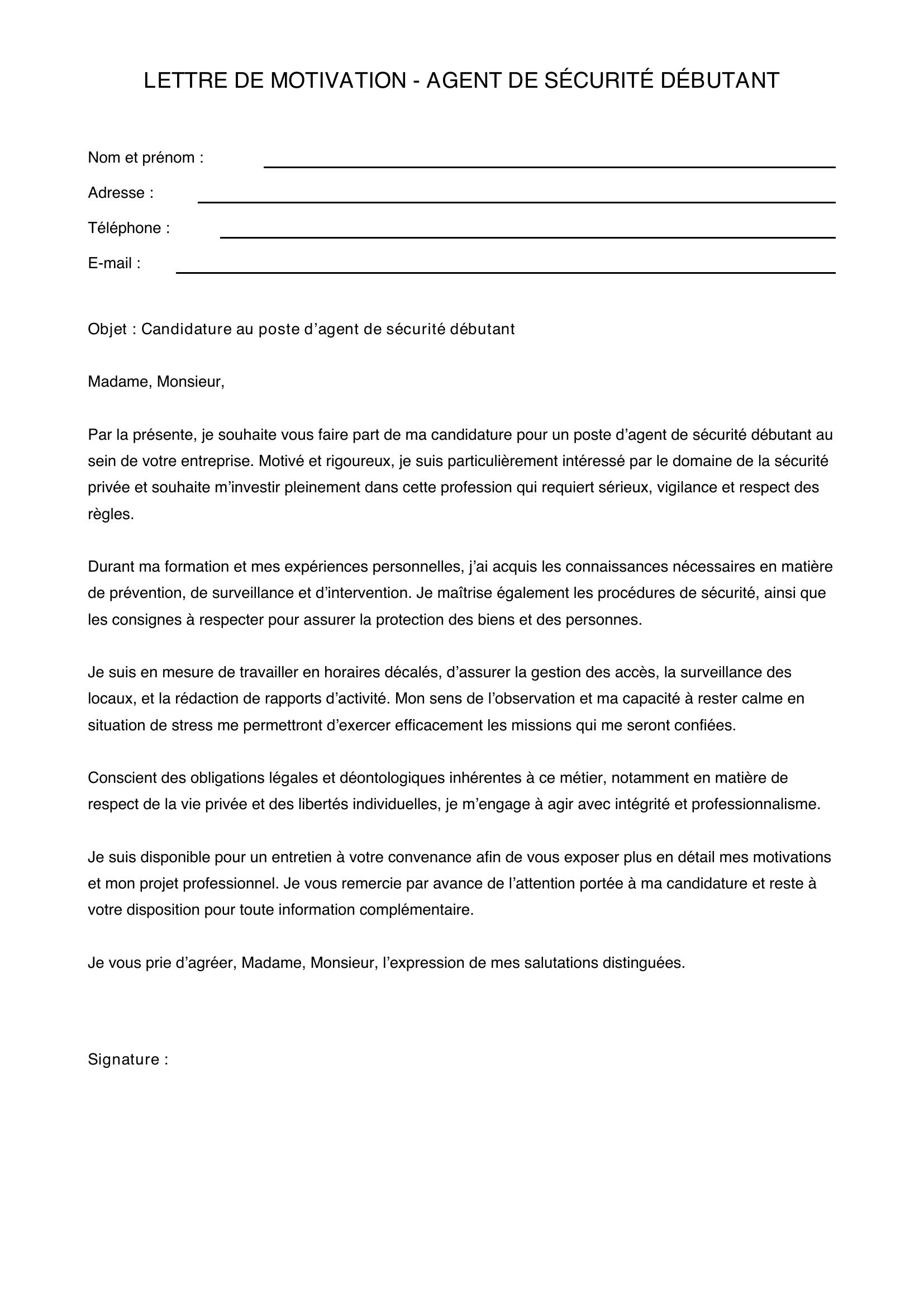 Modèle Lettre De Motivation Agent De Sécurité Débutant