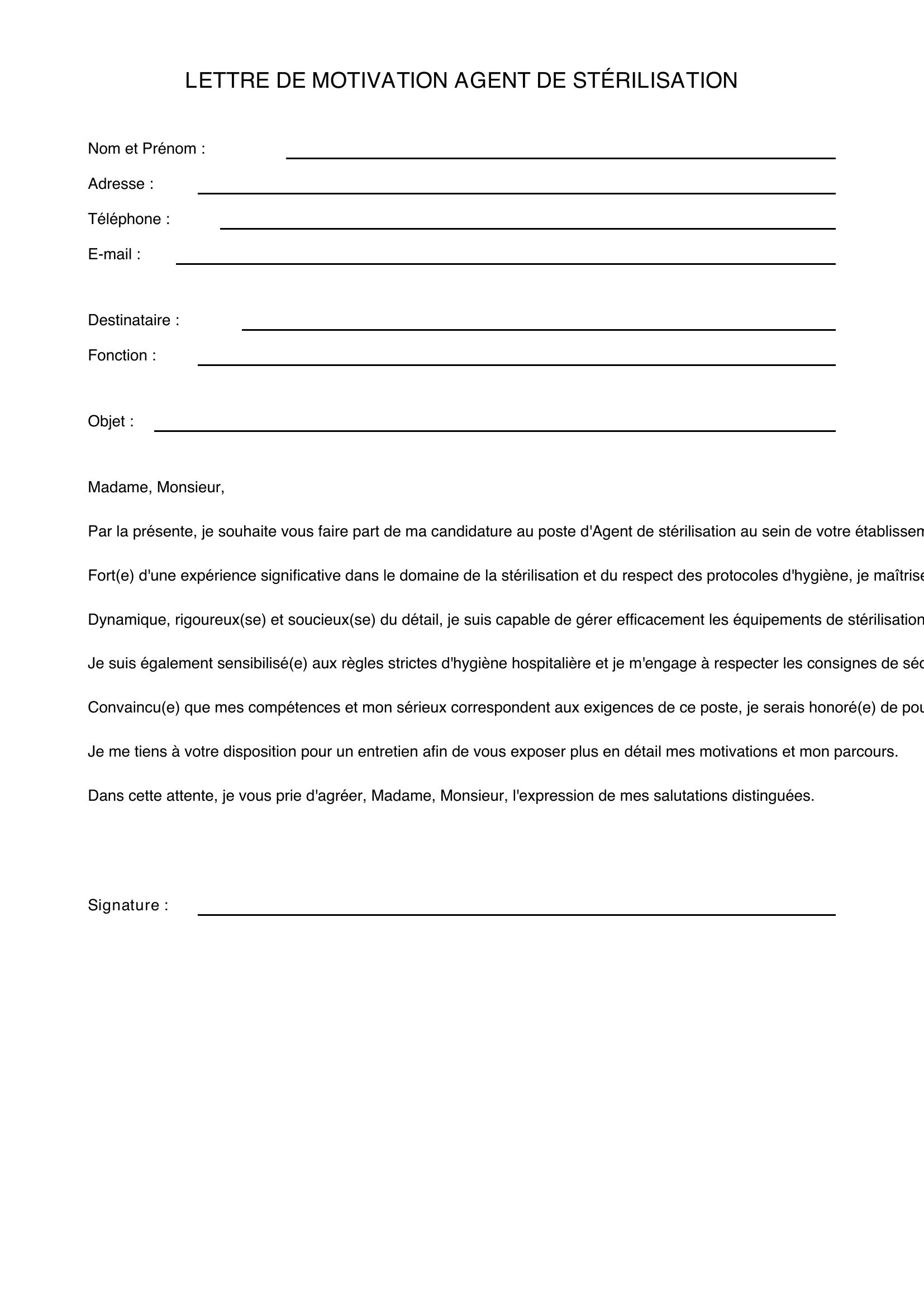 Lettre De Motivation Agent De Stérilisation