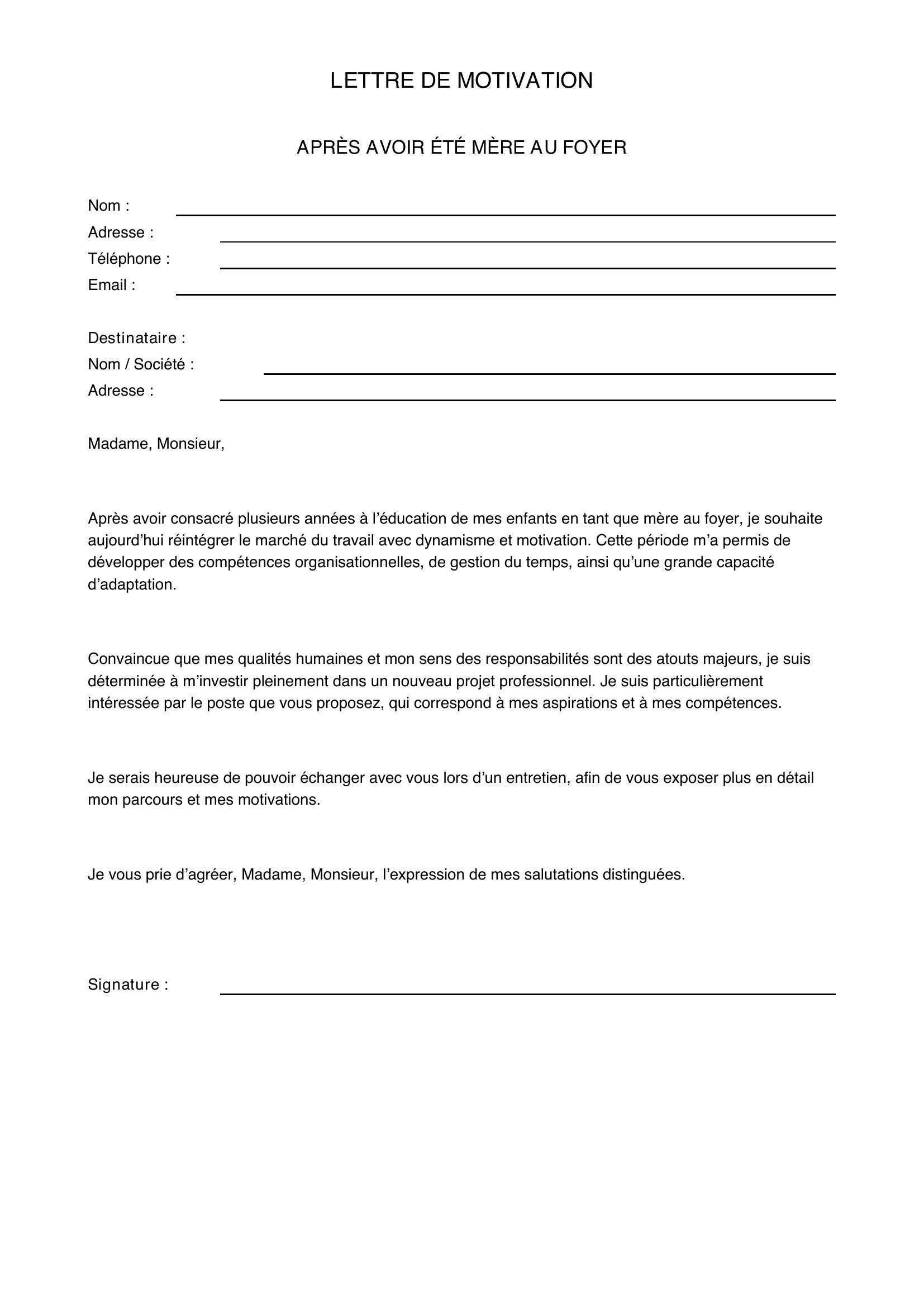 Modèle Lettre De Motivation Après Avoir Été Mère Au Foyer