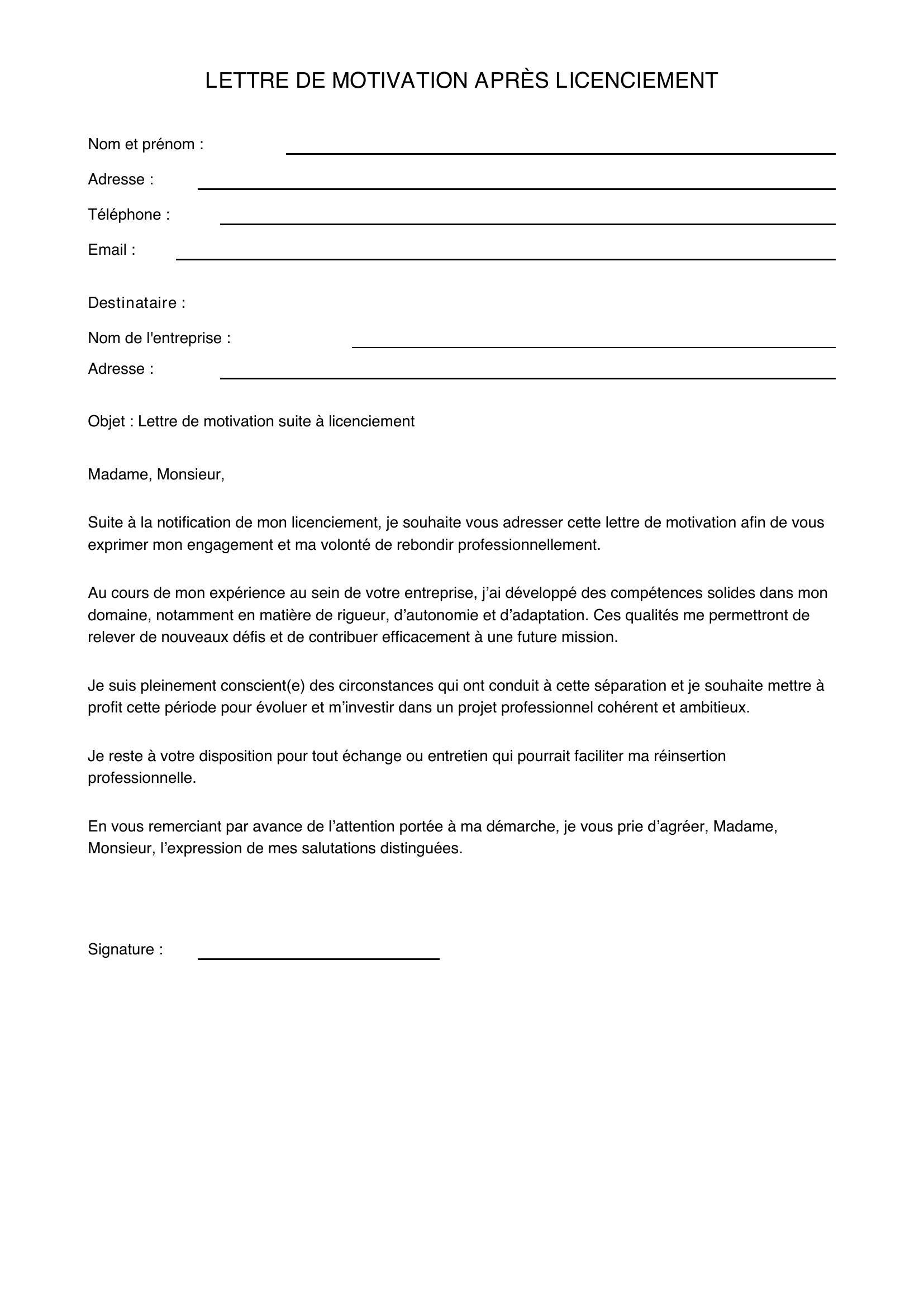 Lettre De Motivation Après Licenciement