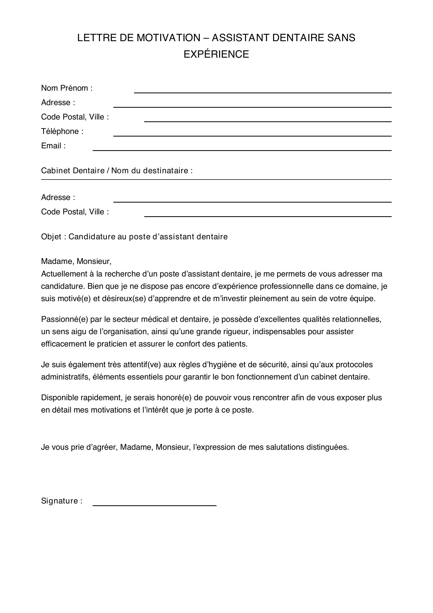 Modèle De Lettre De Motivation Assistant Dentaire Sans Expérience