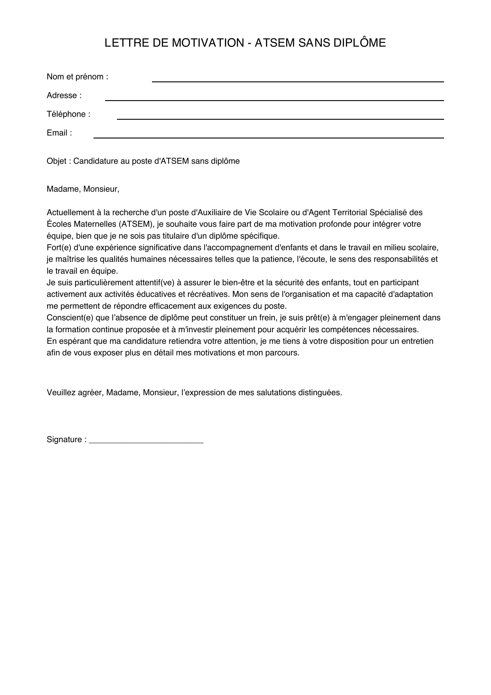 Lettre De Motivation Atsem Sans Diplôme