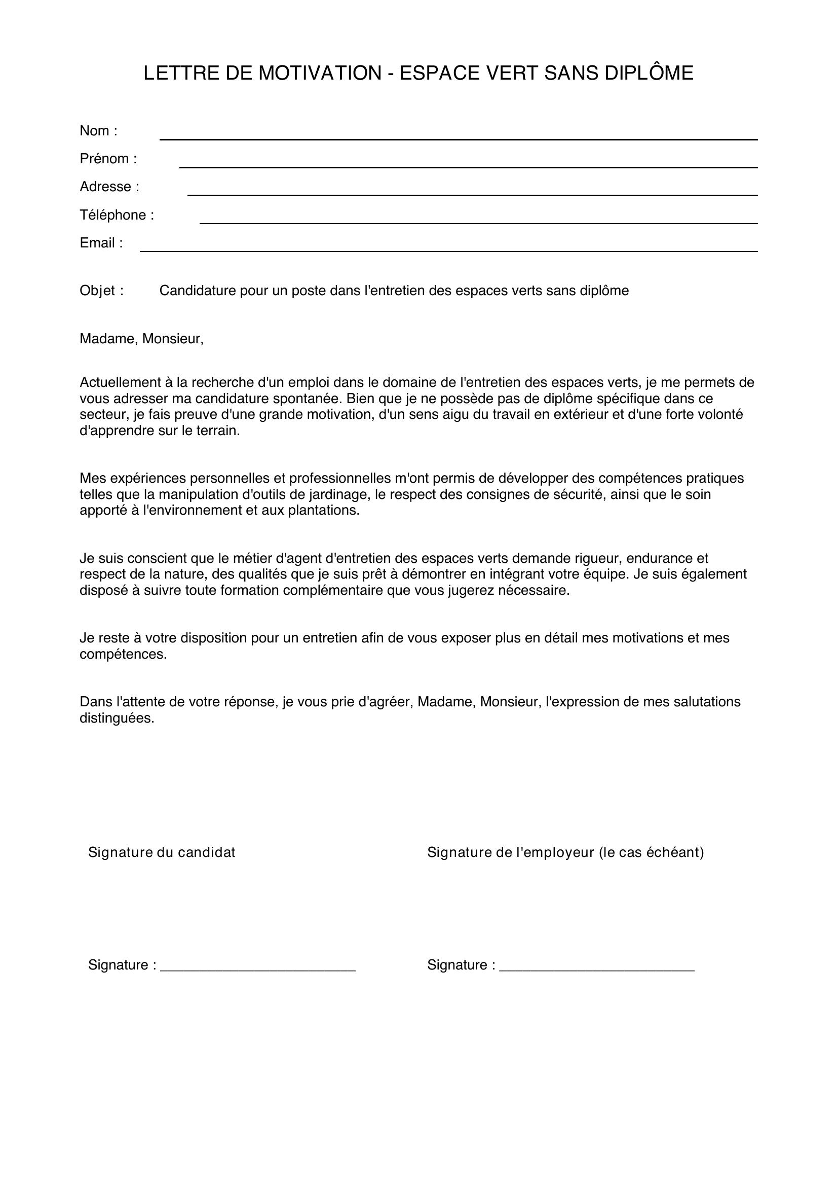 Modèle De Lettre De Motivation Espace Vert Sans Diplôme