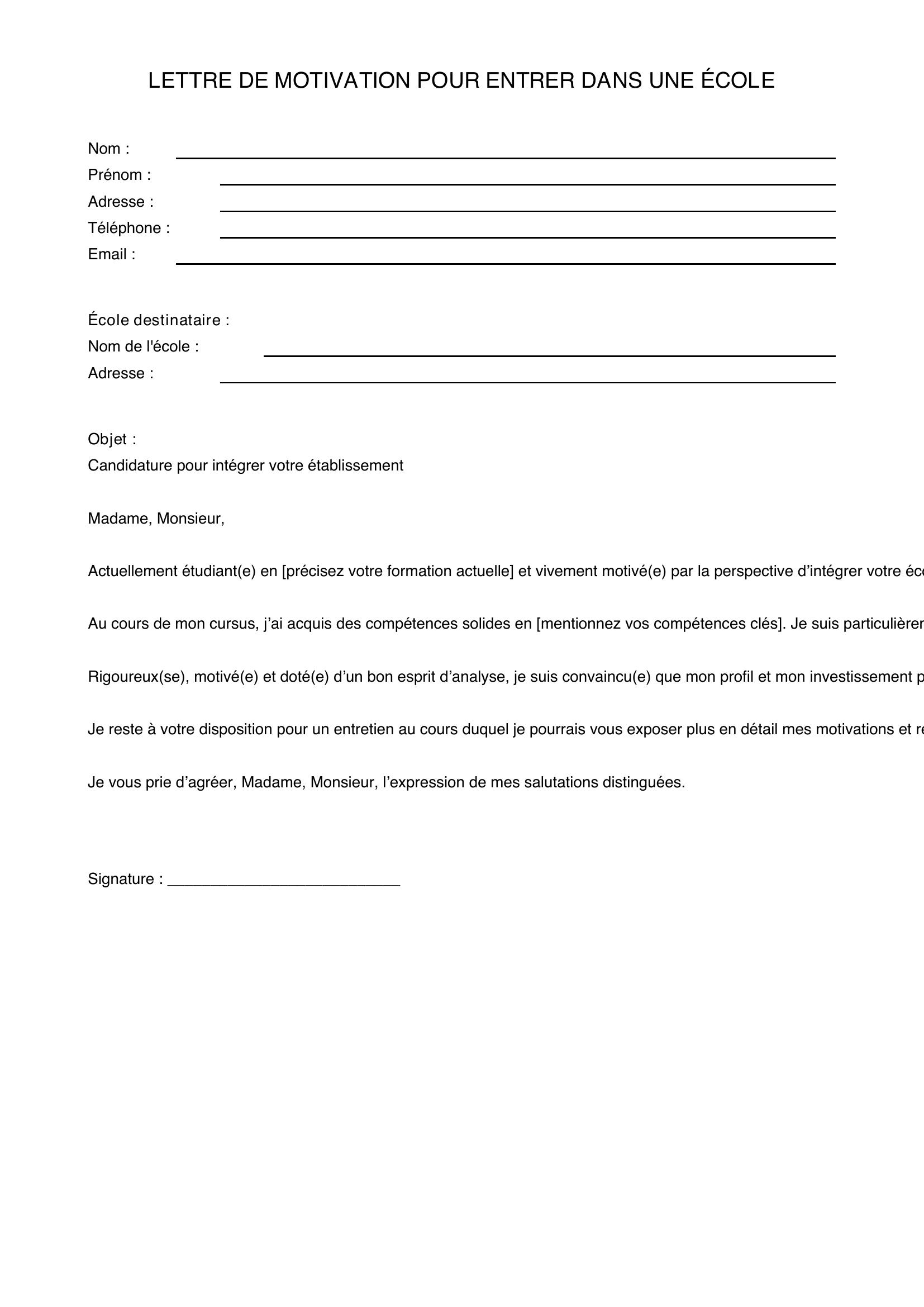 Lettre De Motivation Étudiant Pour Entrer Dans Une École