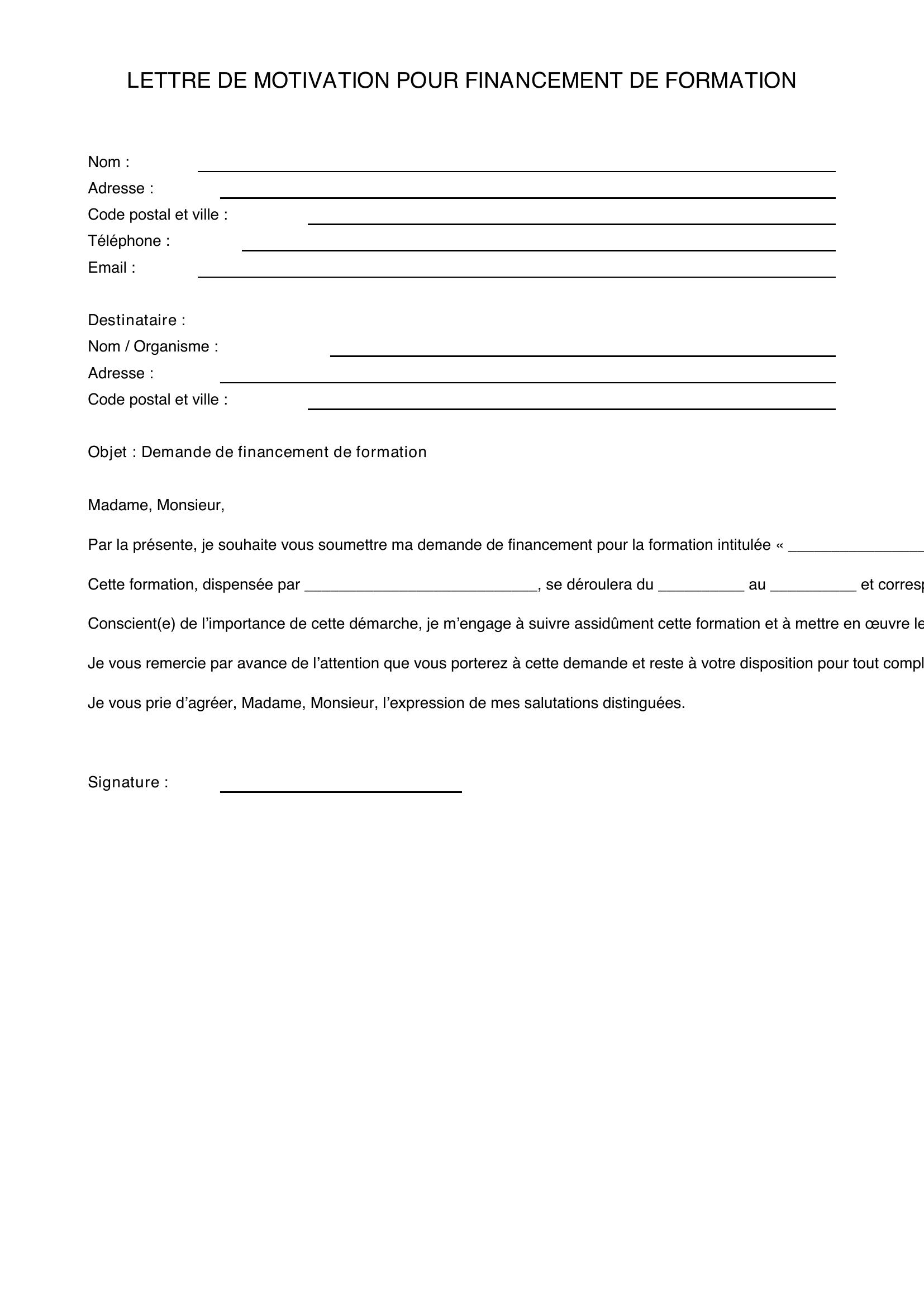 Lettre De Motivation Financement Formation