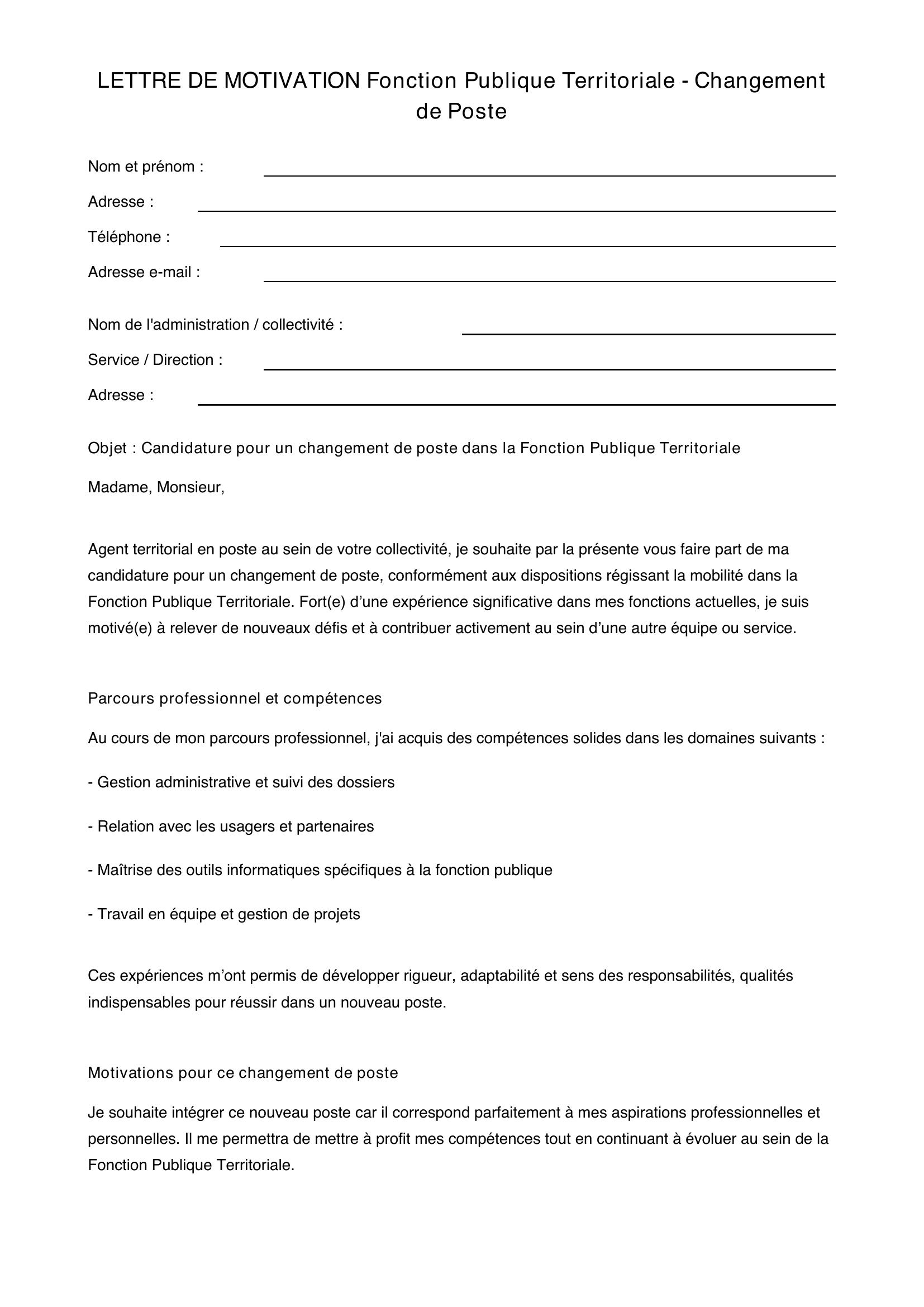 Lettre De Motivation Fonction Publique Territoriale Changement De Poste