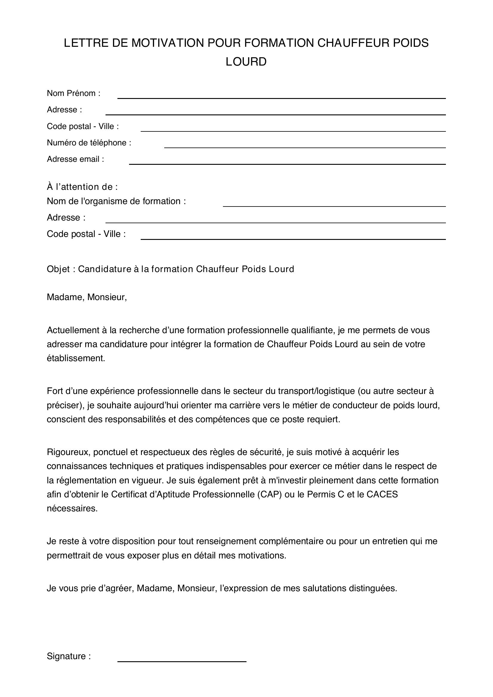 Lettre De Motivation Formation Chauffeur Poids Lourd