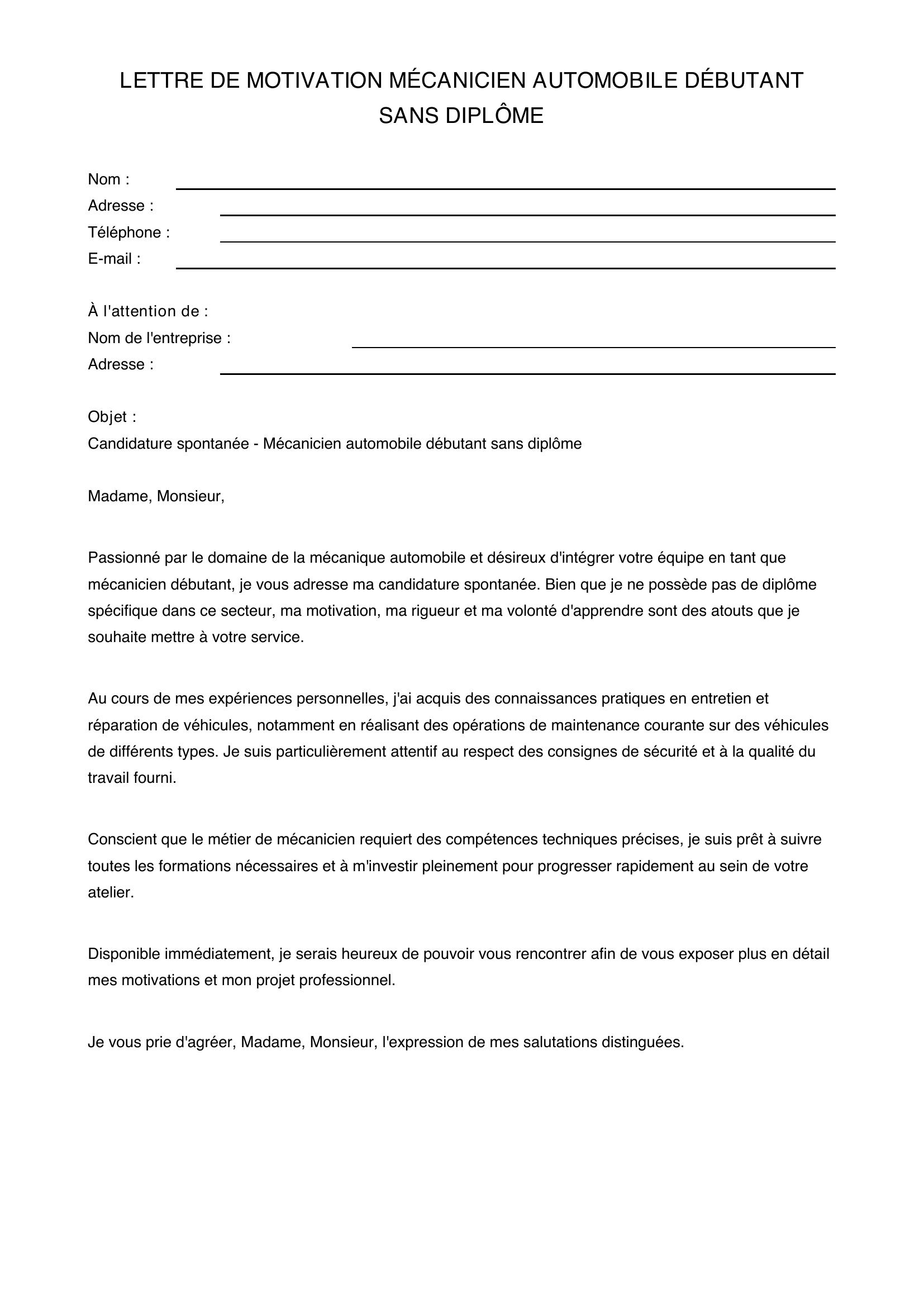 Lettre De Motivation Mécanicien Automobile Débutant Sans Diplôme