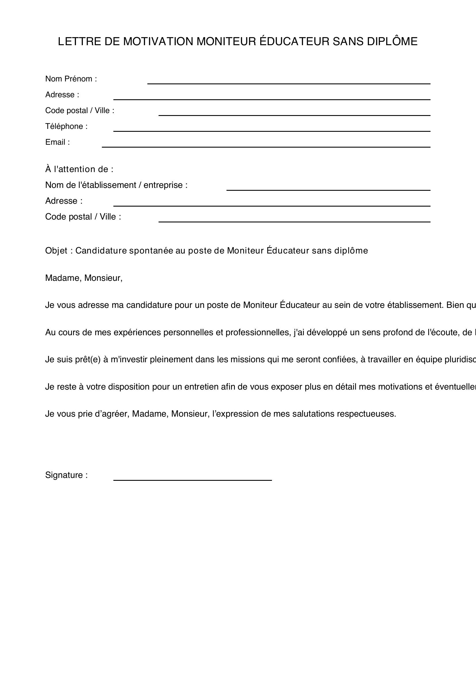 Modèle Lettre De Motivation Moniteur Éducateur Sans Diplôme