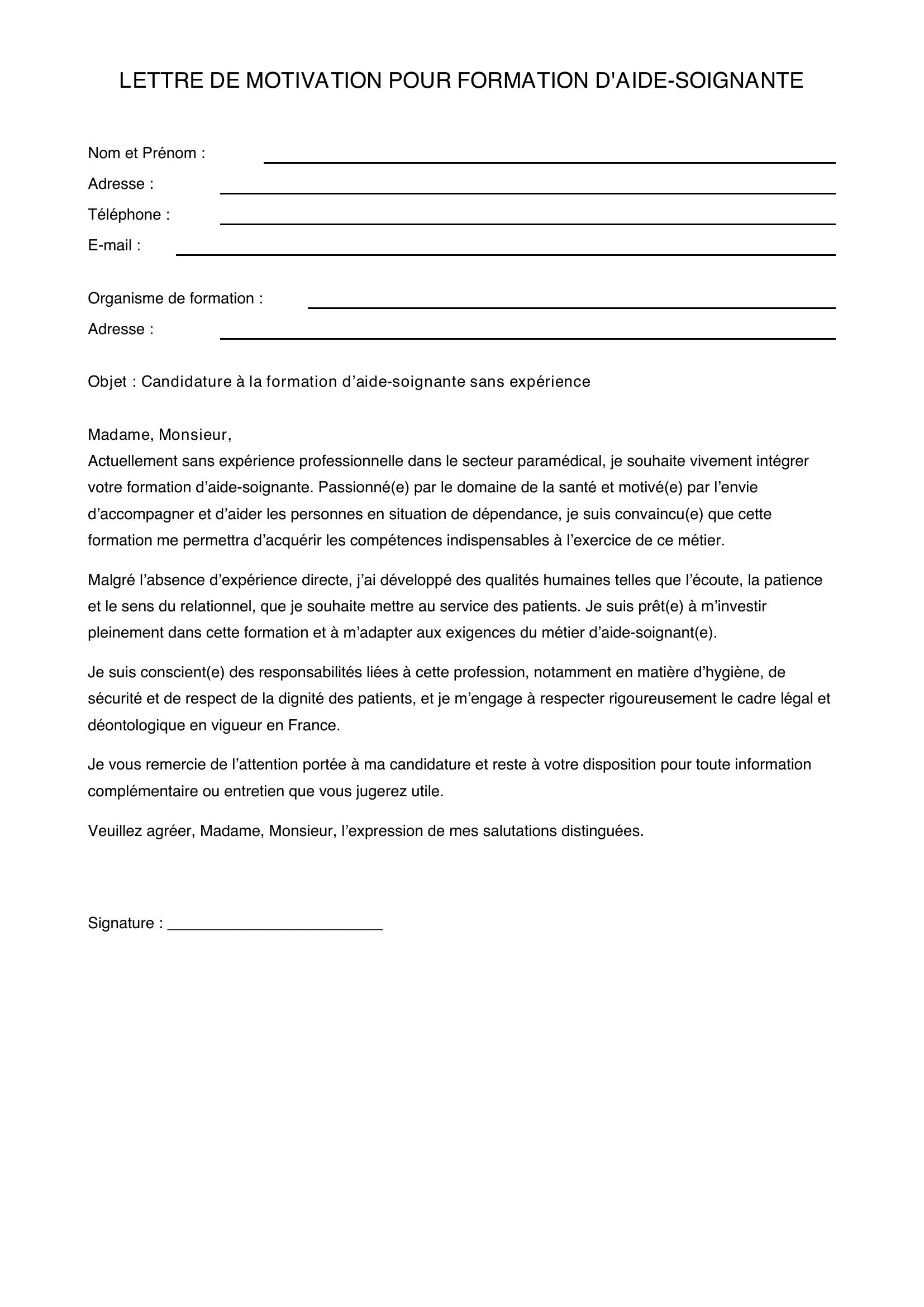 Lettre De Motivation Pour Formation D'Aide Soignante Sans Experience