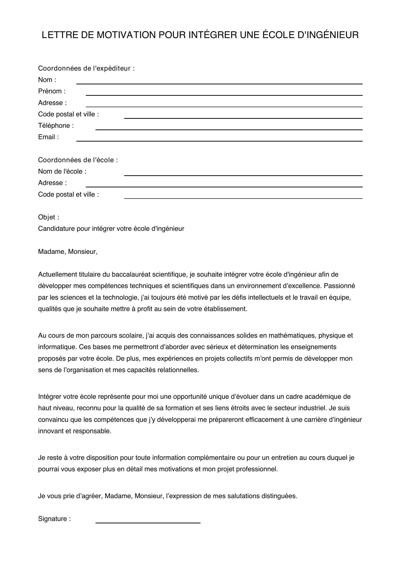 Lettre De Motivation Pour Intégrer Une École D'Ingénieur — free download