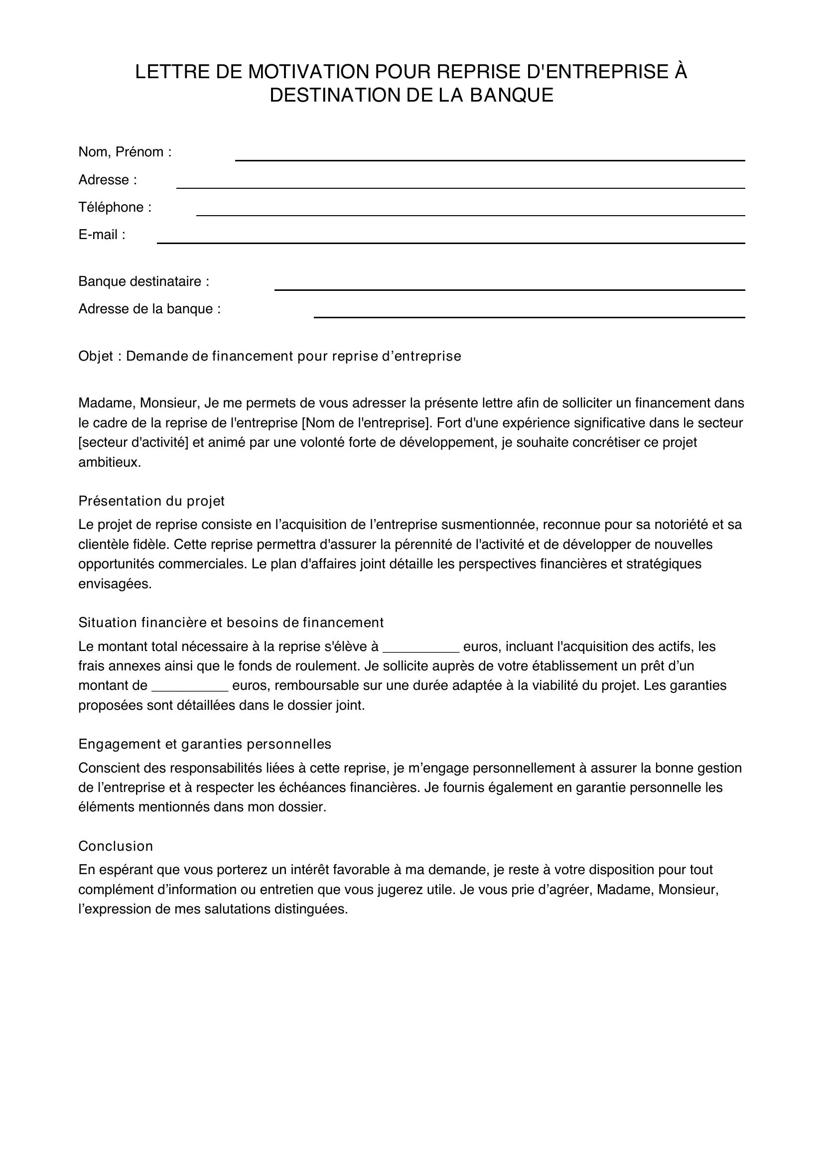 Modèle Lettre De Motivation Reprise D'Entreprise Pour La Banque