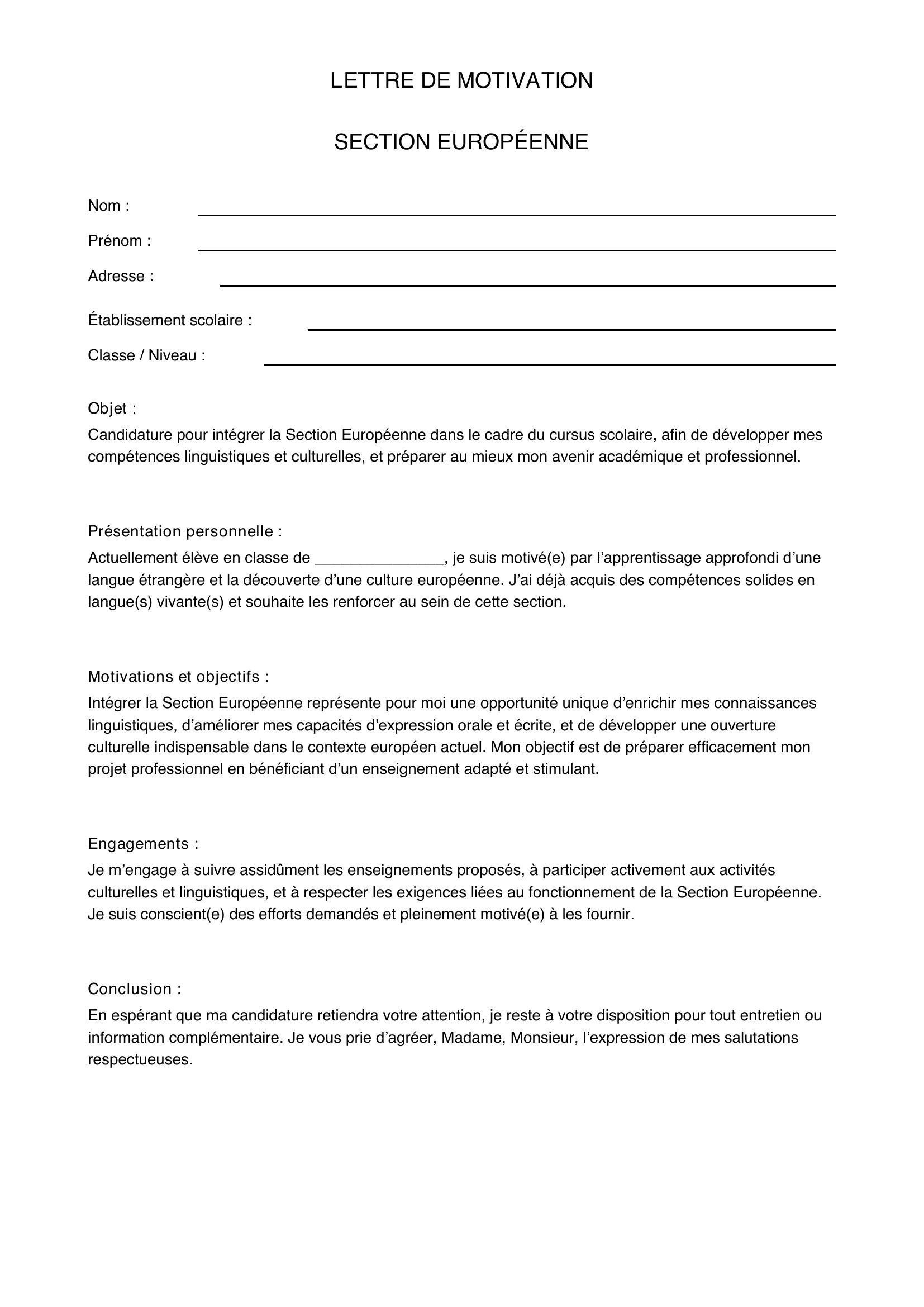 Lettre De Motivation Section Européenne