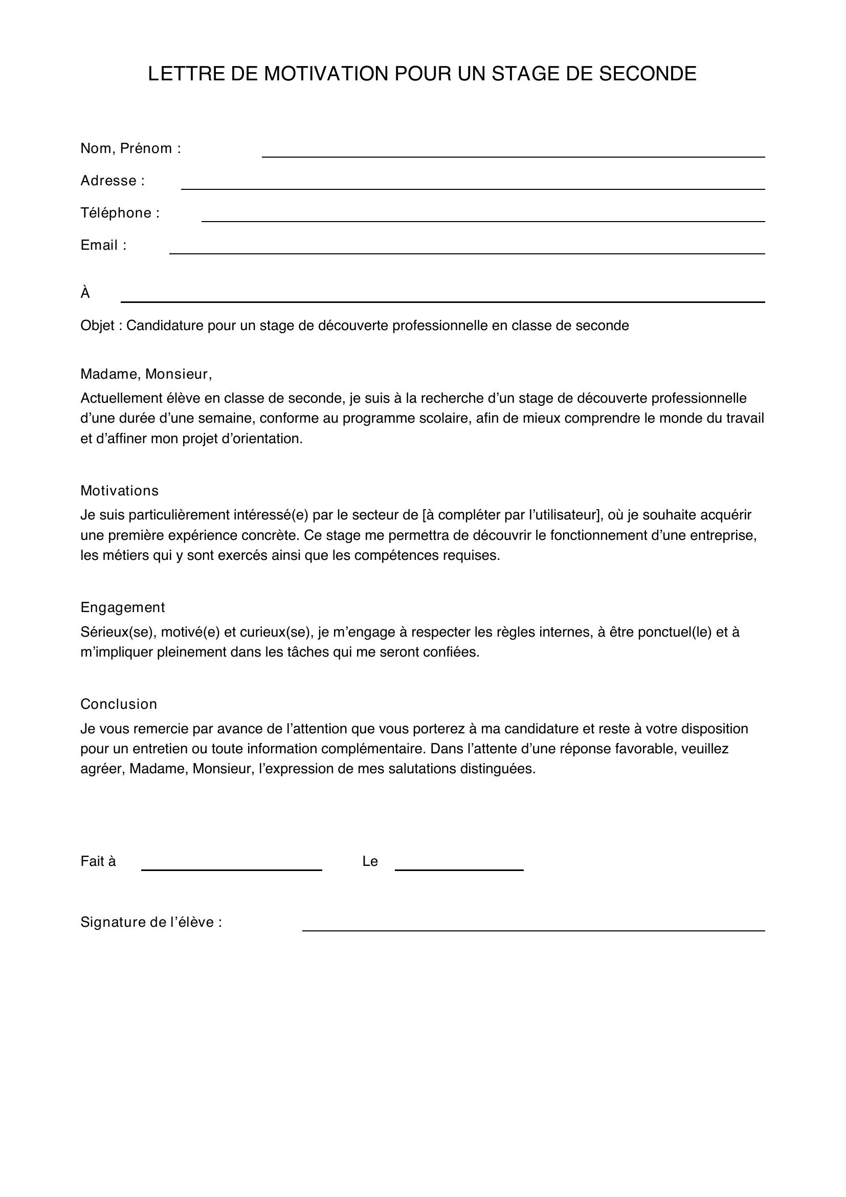 Lettre De Motivation Stage Seconde