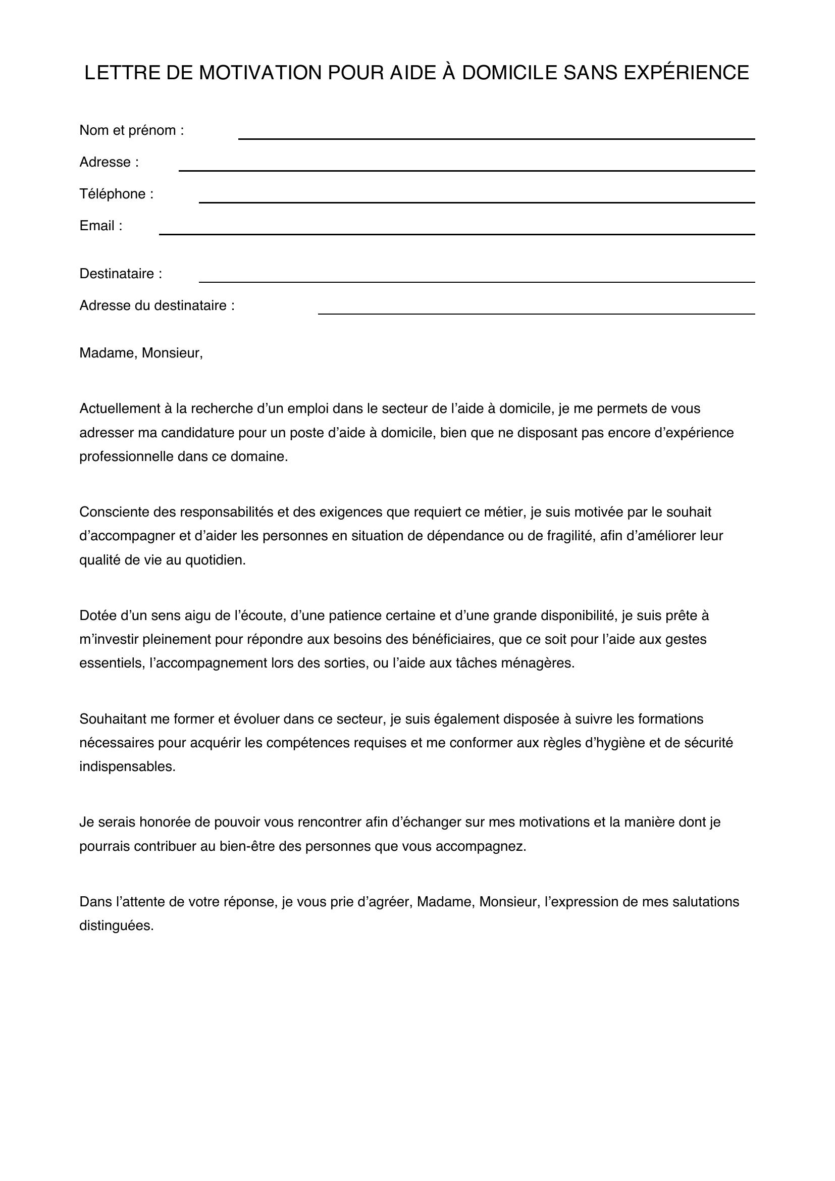 Lettre Motivation Aide À Domicile Sans Expérience