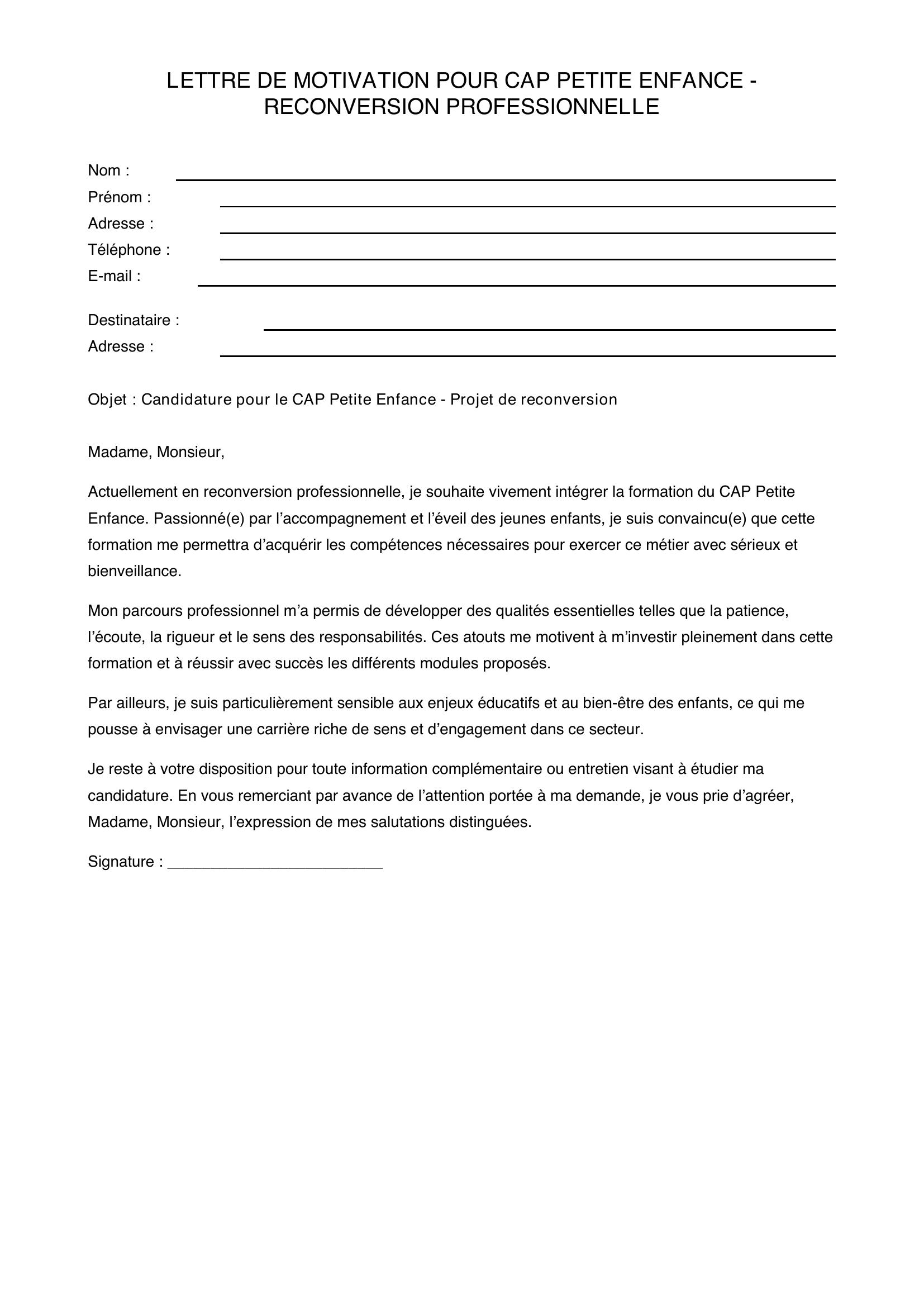 Lettre Motivation Cap Petite Enfance Reconversion