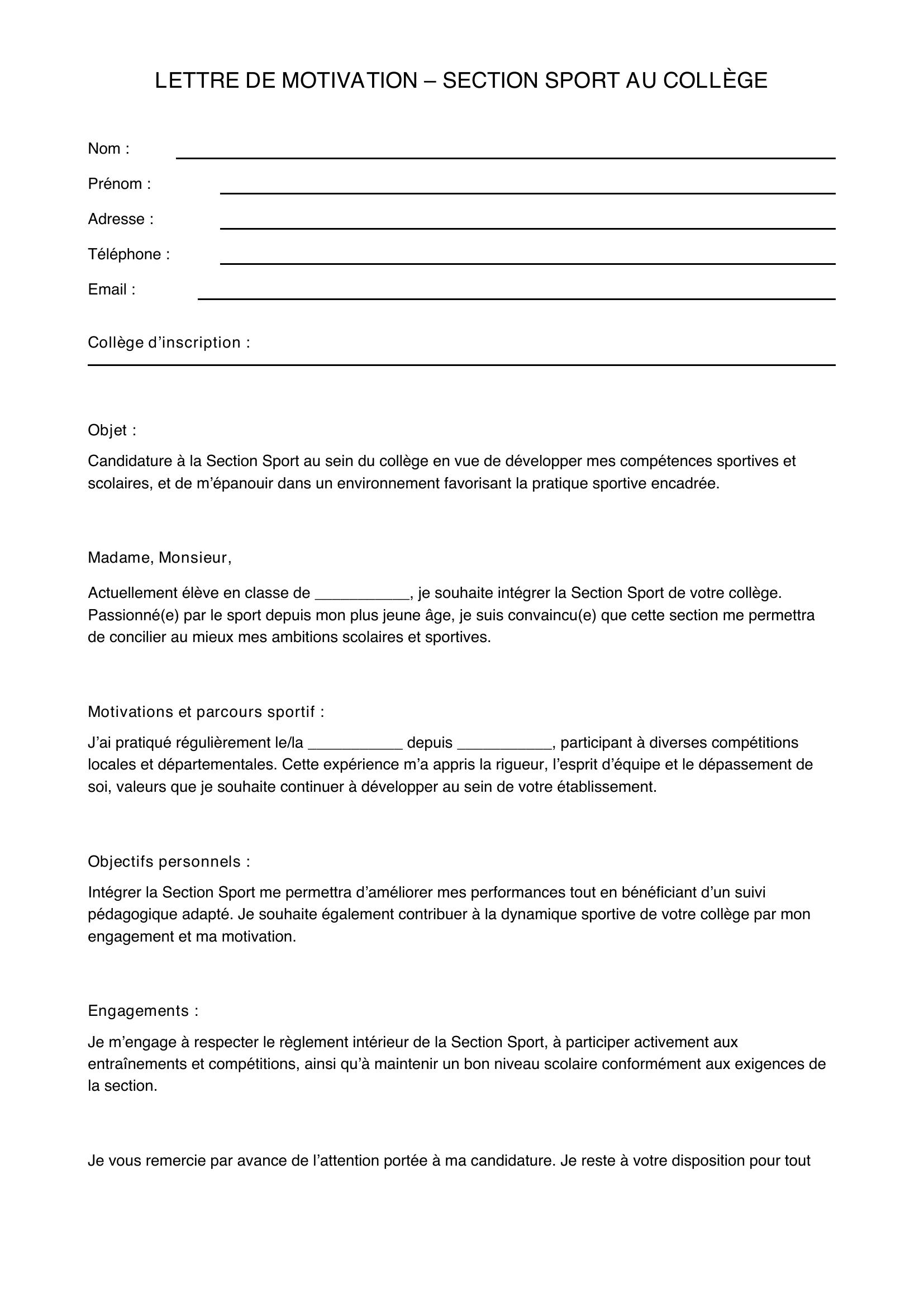 Exemple Lettre Motivation Section Sport Collège