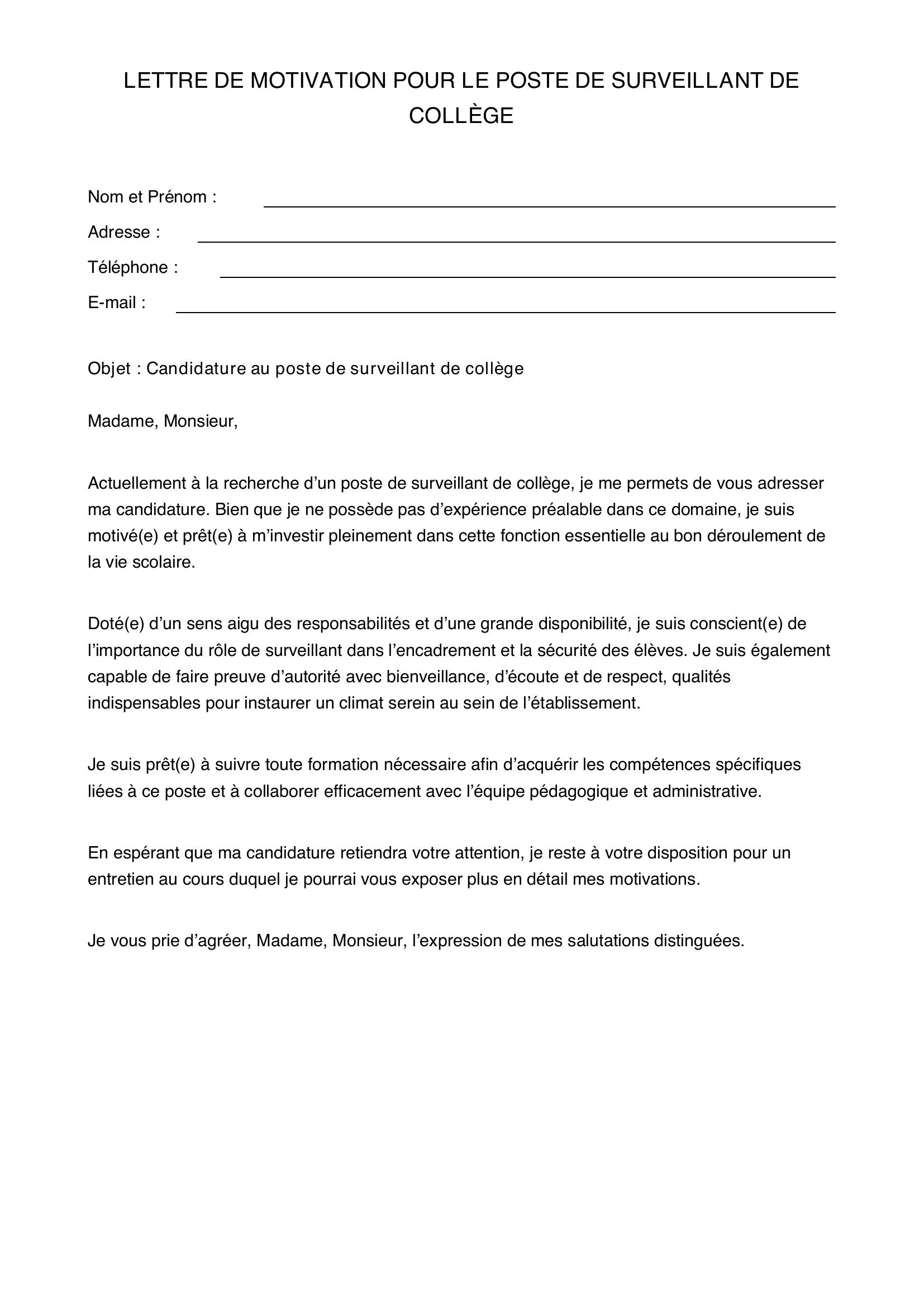 Lettre Motivation Surveillant Collège Sans Expérience
